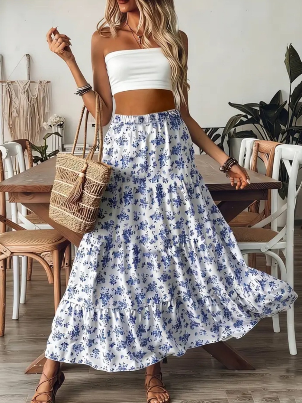 Bohemian Floral Blue & White Tiered Maxi Skirt size S